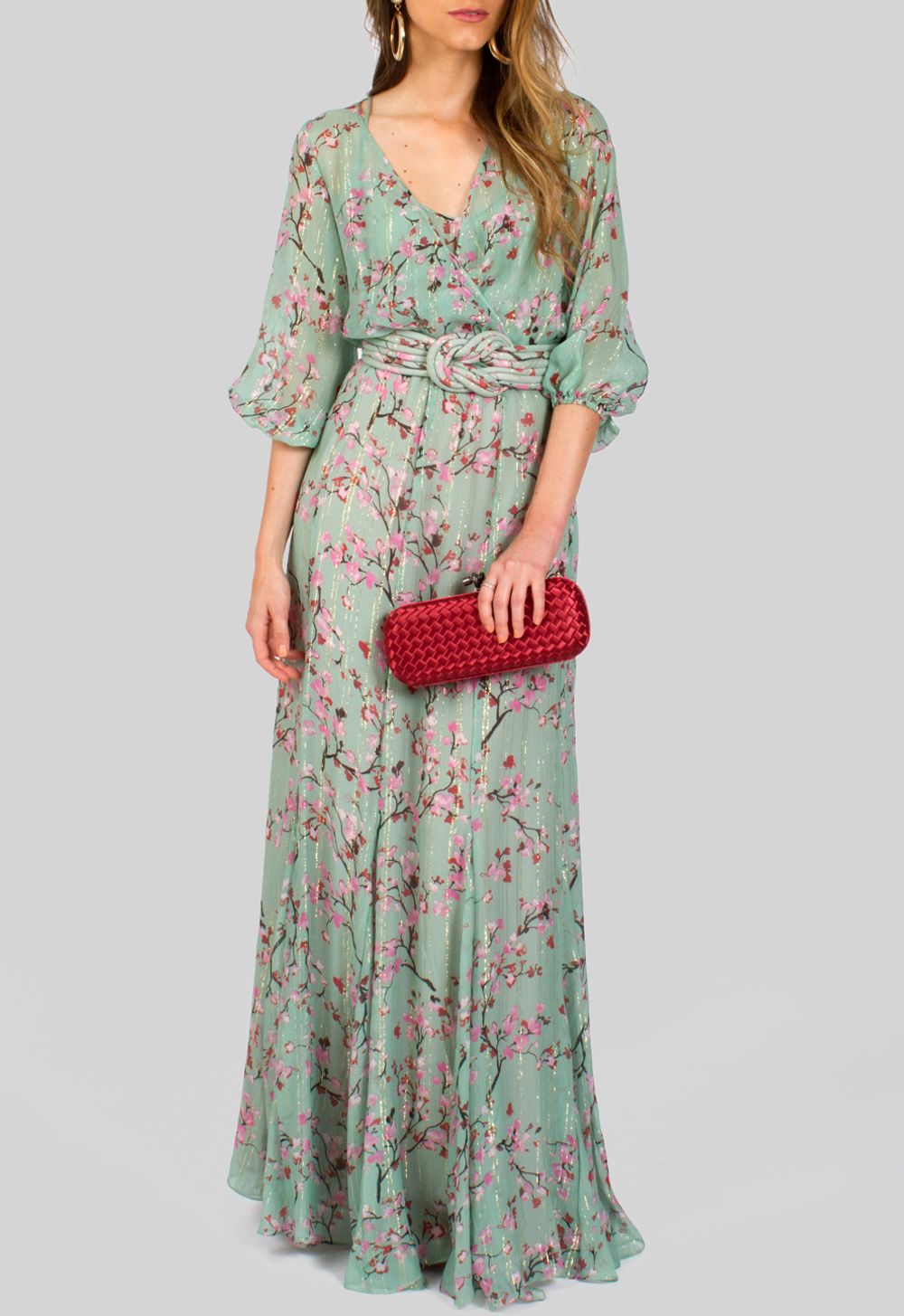 Vestido Longo Verde Estampado De Manga Comprida Ateen Powerlook