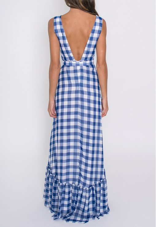 Vestido Longo Moda Xadrez Branco